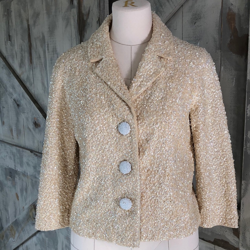 Vintage Banff heavily beaded sequin sweater jacket cream small